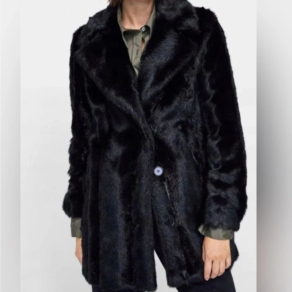 Zara NWT black lapel collar faux fur coat - Picture 3 of 10